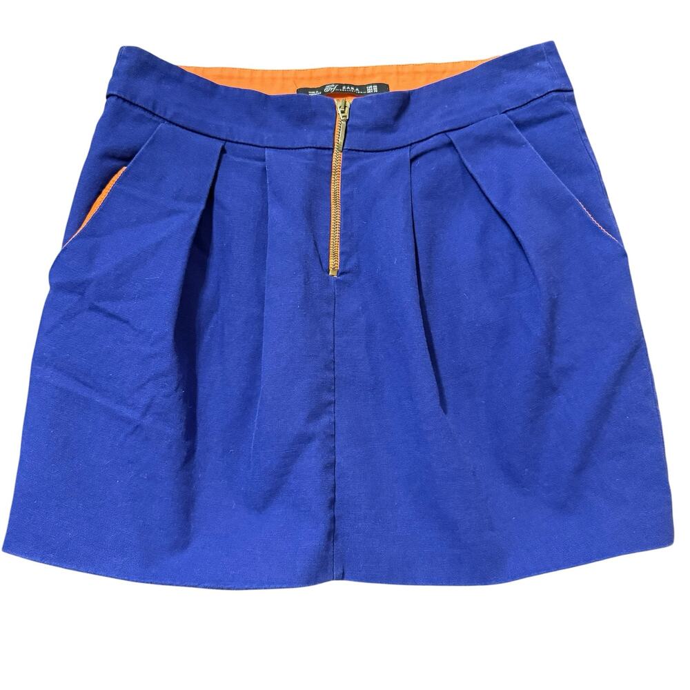 Zara Ladies navy blue mini skirt with orange zipper & pocket liners, pleat, US 8